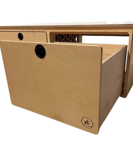 image of bench seat with one of two drawers open to show capacity-perfect for camper vans, van life or overland adventures