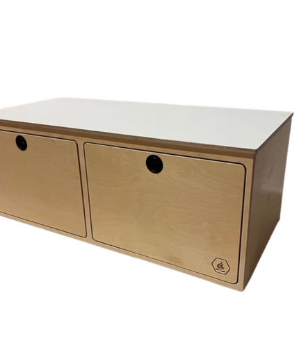 image of attractive birch plywood bench with white laminate top, perfect for camper vans and van life