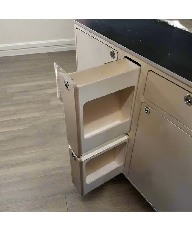 Slim, two compartment cabinet made for van life sits inside kitchen cabinet keeping spices, bottles tucked securely away