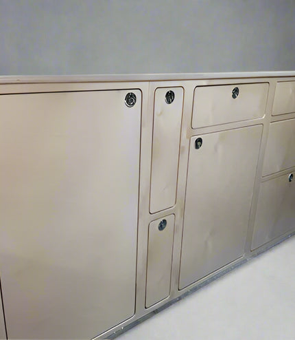 front view of kitchen cabinet built for van life, shows the front of the two compartment, filler cabinet.