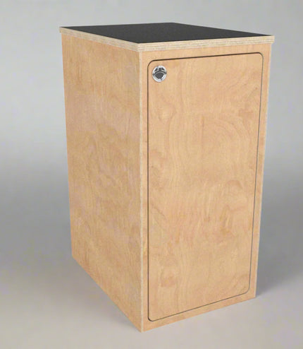 birch plywood base cabinet with door and black laminate top, simple and functional storage for low and high roof camper vans
