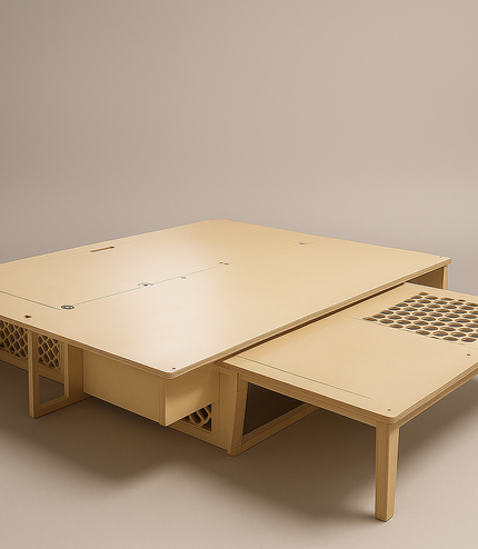 Wooden platform bed with honeycomb cut out on a beige background