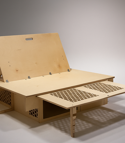 wooden bed frame with open backrest on a gray background