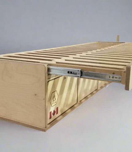 image of a ventilated birch plywood single bed deck and two storage drawers. Made for low and high roof camper vans.