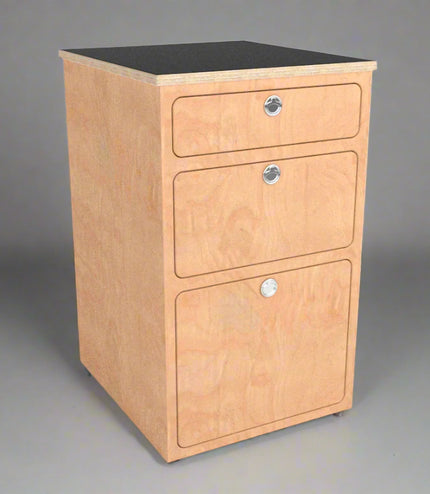 attractive, modern, three compartment birch plywood base cabinet, perfect for van life, low and high roof camper vans