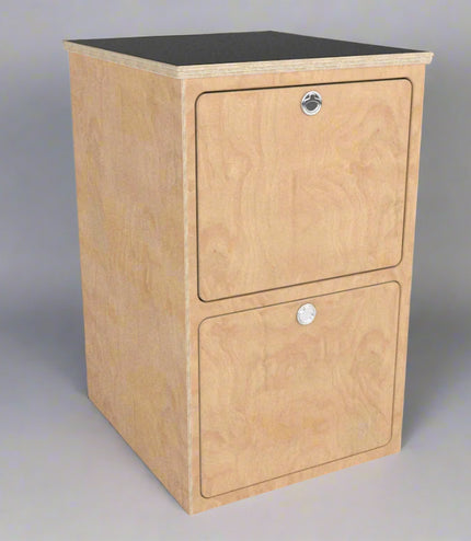 birch plywood base cabinet with two deep drawers and black laminate top.  Simple, functional storage for van life.