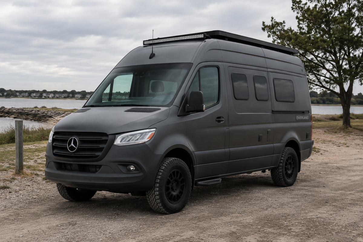 Custom Mercedes Sprinter 144 adventure van built by Overland Interiors parked beside a Maryland waterfront, showcasing a modular camper van conversion designed for organized travel and life on the road.