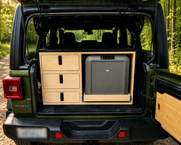 Custom rear storage system in a 2024 Jeep Wrangler 4xe with three secure storage drawers and slide-out Dometic fridge by Overland Interiors