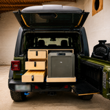 Custom rear 3-drawer and slide-out Dometic fridge system installed in a 2024 Jeep Wrangler 4xe,  by Overland Interiors.