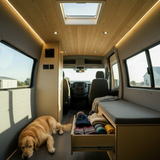 Camper van bench seating and storage system with integrated drawer storage by Overland Interiors