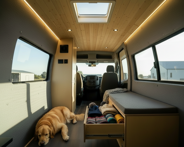 Camper van bench seating and storage system with integrated drawer storage by Overland Interiors