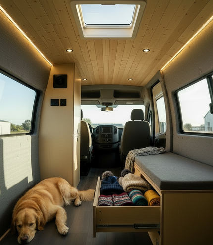 Camper van bench seating and storage system with integrated drawer storage by Overland Interiors