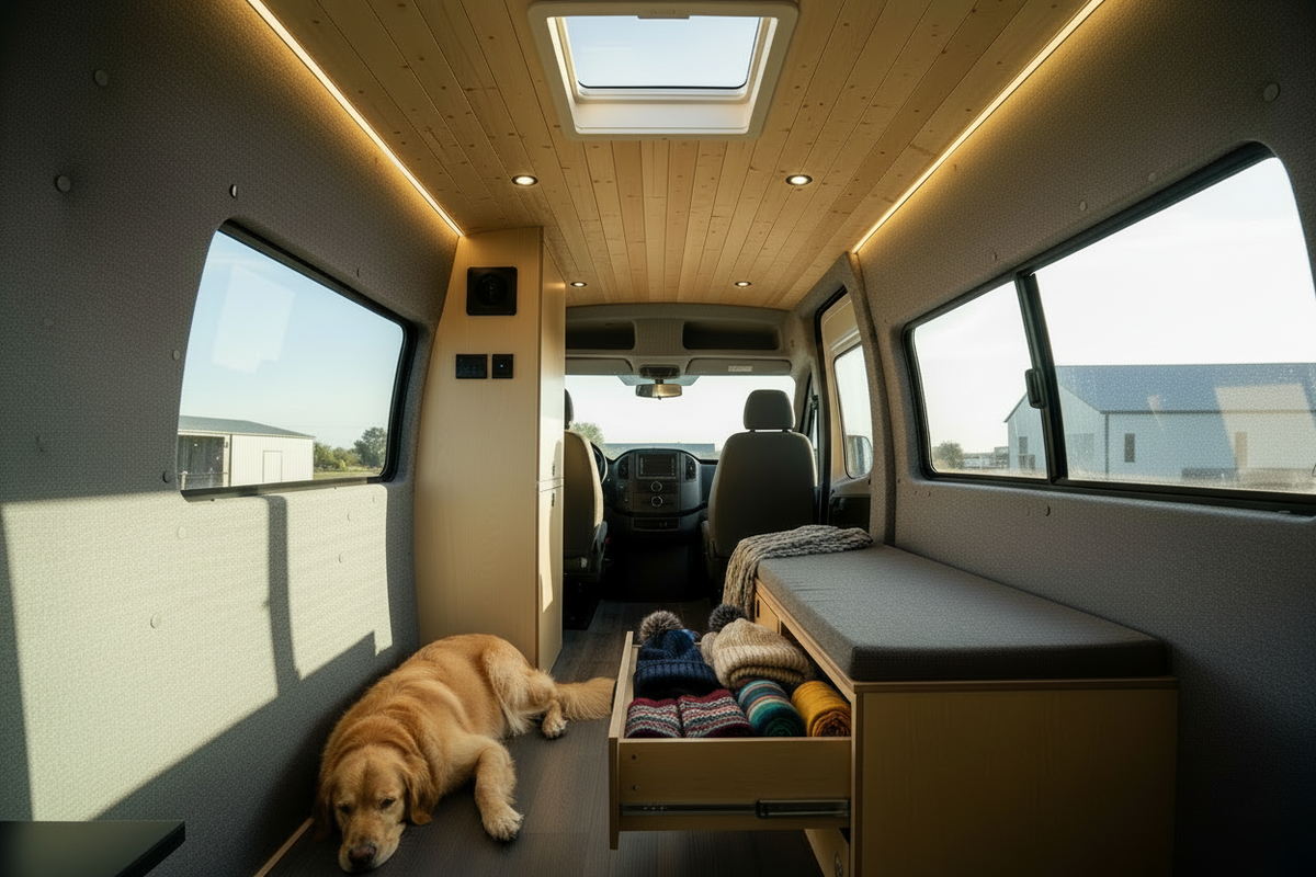 Camper van bench seating and storage system with integrated drawer storage by Overland Interiors