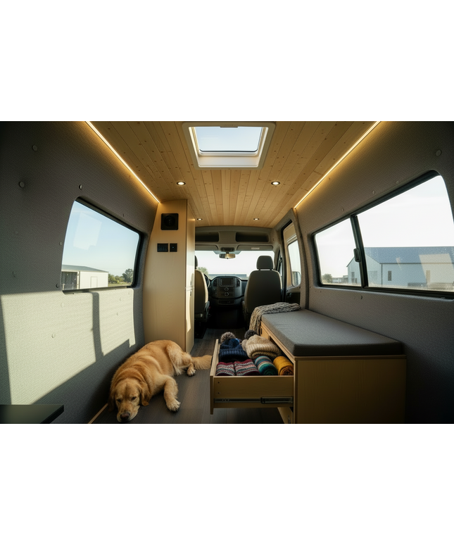 Camper van bench seating and storage system with integrated drawer storage by Overland Interiors