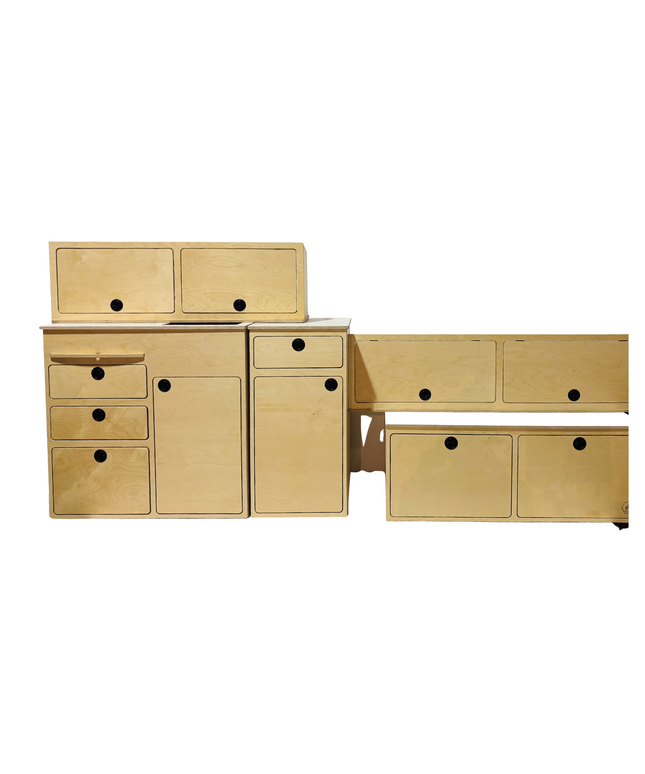 4 separate pieces of modern birch plywood furniture and storage crafted for weekend camper van adventures and van life!