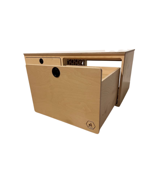 image of bench seat with one of two drawers open to show capacity-perfect for camper vans, van life or overland adventures