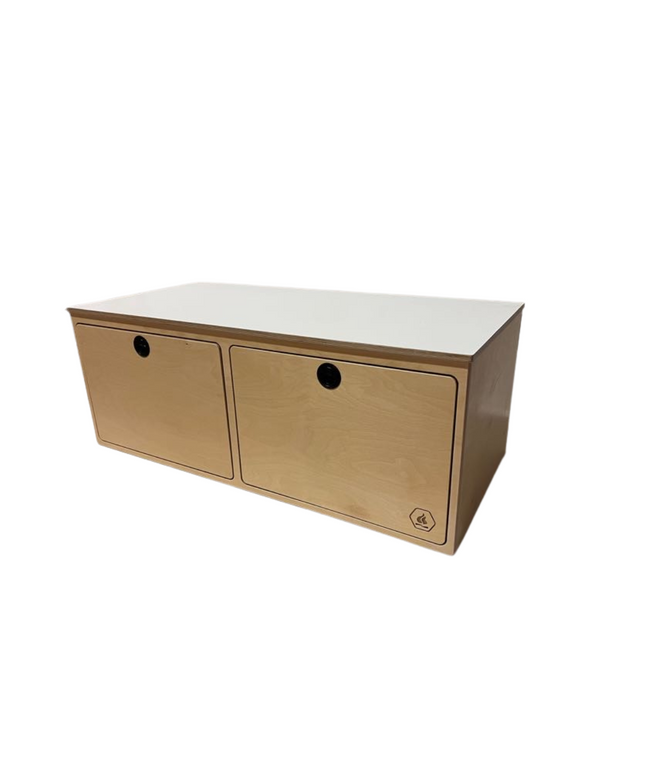 image of attractive birch plywood bench with white laminate top, perfect for camper vans and van life