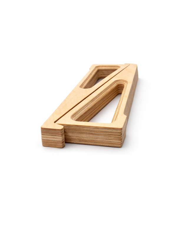 Wooden laptop risers laying flat on a white background