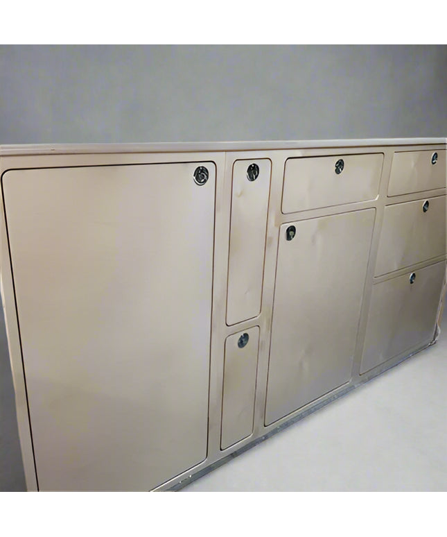 front view of kitchen cabinet built for van life, shows the front of the two compartment, filler cabinet.