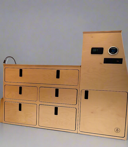 Wooden cabinets with drawers and control panel on a gray background
