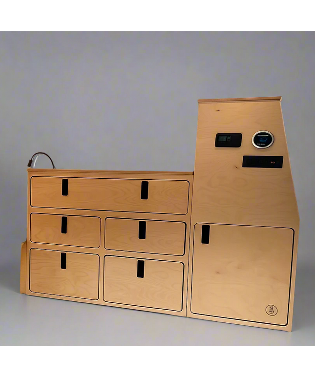 Wooden cabinets with drawers and control panel on a gray background