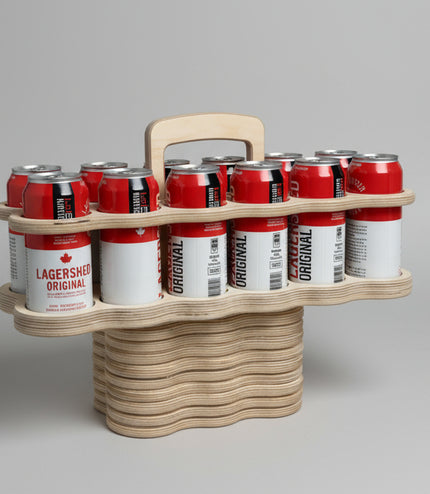 side image of a plywood beer tote showing 6 500 ml beer cans