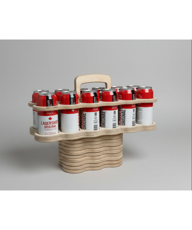side image of a plywood beer tote showing 6 500 ml beer cans