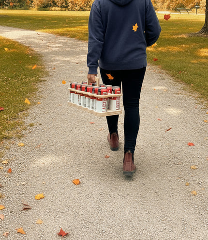 wooden beer carrier with twelve 500 ml craft beer cans