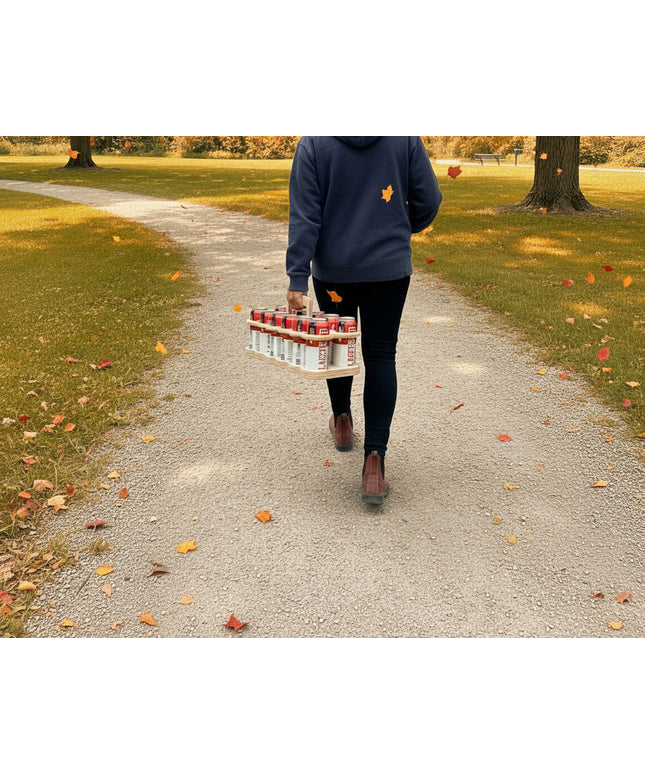 wooden beer carrier with twelve 500 ml craft beer cans