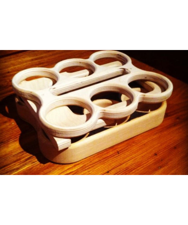 Wooden beer carrier on a wooden table - holds 6 x 500 ml can 