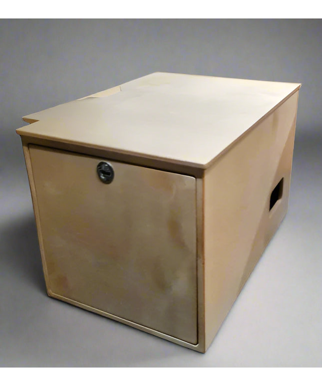 multifunctional birch plywood cabinet does double duty as fridge cabinet and bench seat. Crafted for high roof camper vans