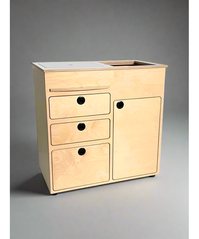 image of attractive, modern, birch plywood kitchenette - designed for weekend camper van adventures and van life!