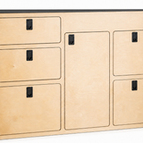 Overland Interiors 54-inch kitchenette for high-roof camper vans, featuring birch plywood cabinetry, a slim black laminate countertop and black marine-grade compression latches.