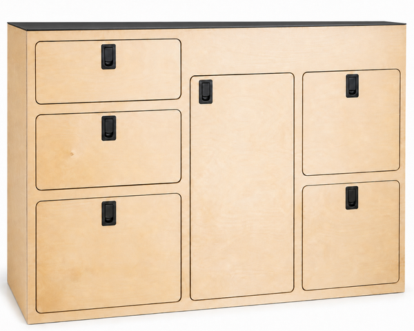 Overland Interiors 54-inch kitchenette for high-roof camper vans, featuring birch plywood cabinetry, a slim black laminate countertop and black marine-grade compression latches.