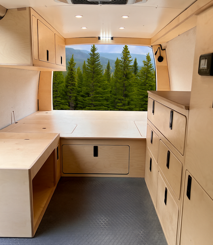 Overland Interiors 5-piece low roof van conversion kit with full camper van interior for the Express Econoline and compact cargo vans