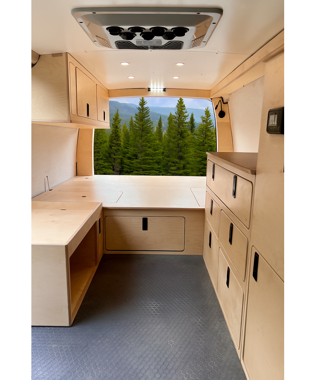 Overland Interiors 5-piece low roof van conversion kit with full camper van interior for the Express Econoline and compact cargo vans