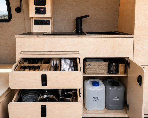 Front view of Overland Interiors 36-inch kitchenette in a low-roof van, showing organized kitchen storage, cookware drawers, and fresh and grey water storage.