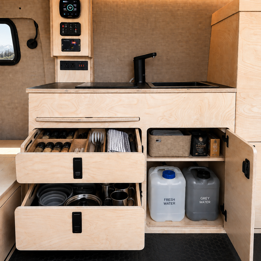 Front view of Overland Interiors 36-inch kitchenette in a low-roof van, showing organized kitchen storage, cookware drawers, and fresh and grey water storage.