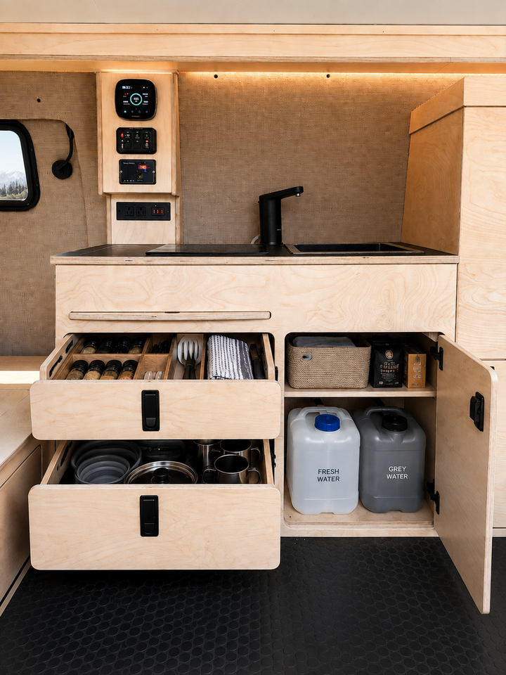Front view of Overland Interiors 36-inch kitchenette in a low-roof van, showing organized kitchen storage, cookware drawers, and fresh and grey water storage.