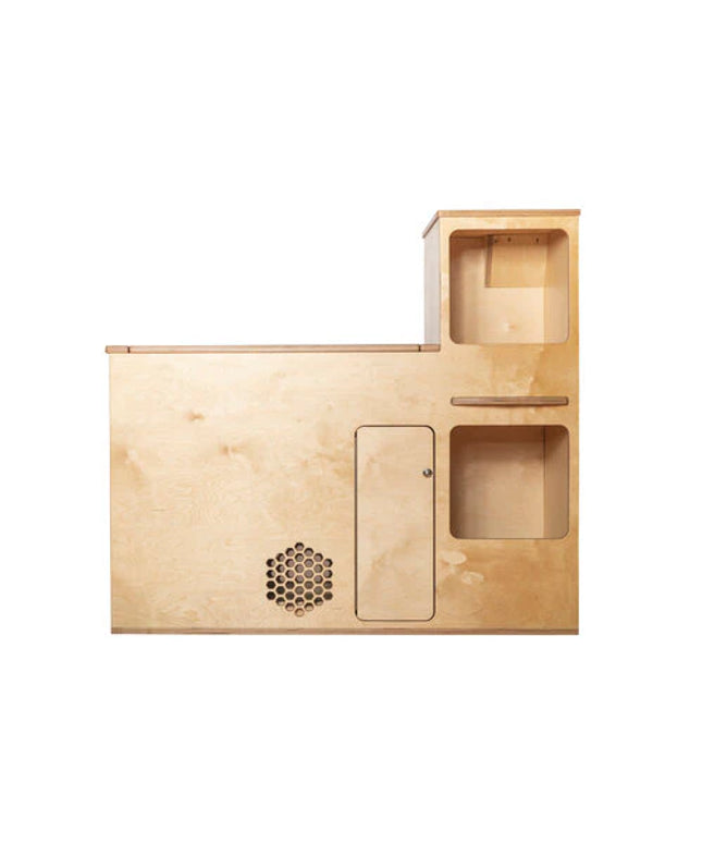 Image of attractive birch kitchenette with two open cabinets and slim cabinet with door.  Well suited for micro camper vans