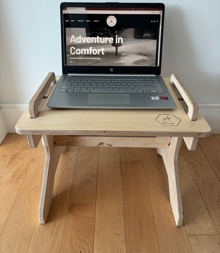 image of birch plywood step used as a surface for lap top, perfect for van life and camper van adventures! 
