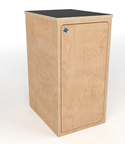 birch plywood base cabinet with door and black laminate top, simple and functional storage for low and high roof camper vans