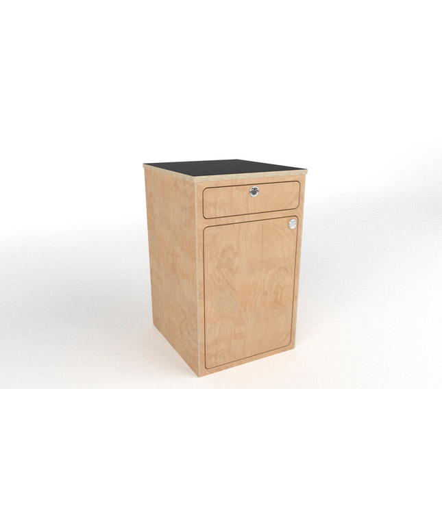one drawer and one compartment birch plywood base cabinet with black laminate top.  Simple, functional storage for van life