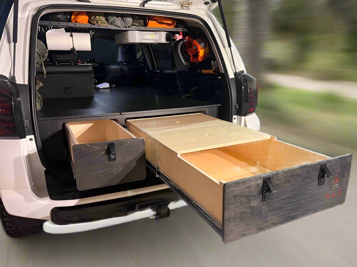 4Runner sleeping platform and pull-out drawer system installed for overland travel and SUV camping by Overland Interior