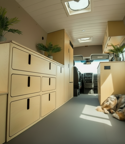 Overland Interiors 5-Drawer Storage Cabinet for camper vans and RVs with space-saving modular storage design