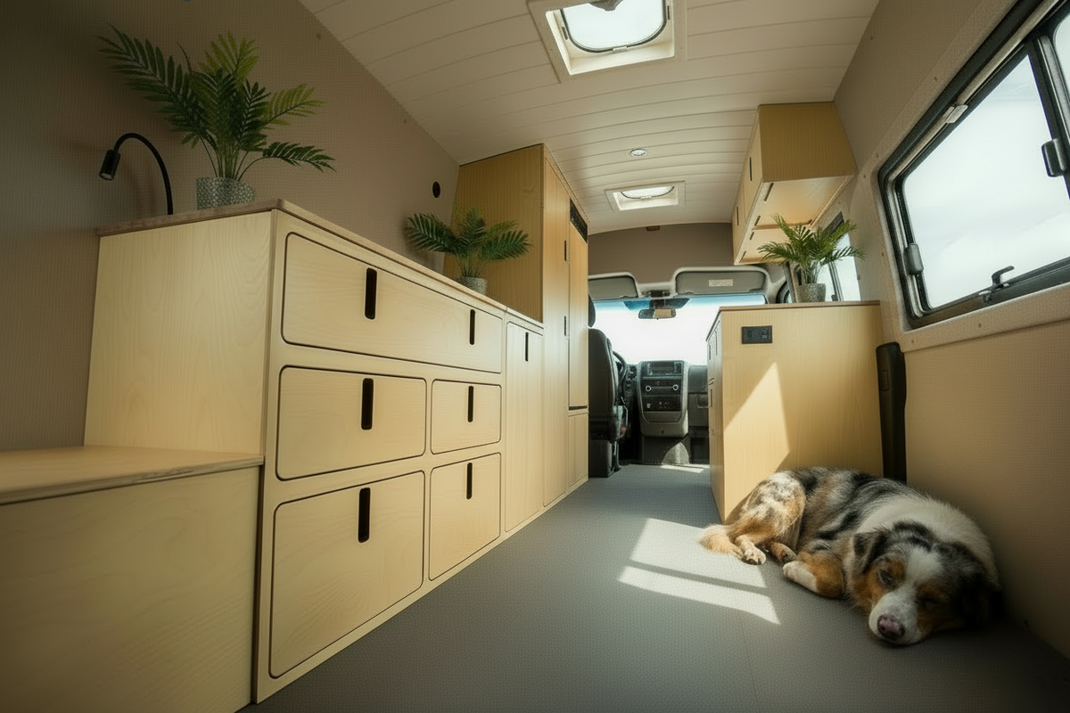 Overland Interiors 5-Drawer Storage Cabinet for camper vans and RVs with space-saving modular storage design