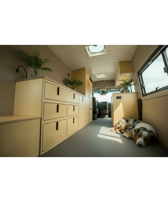 Overland Interiors 5-Drawer Storage Cabinet for camper vans and RVs with space-saving modular storage design