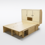 Overland Interiors Bed System with full-length sleeping platform for tall people and integrated overhead storage for low roof camper vans