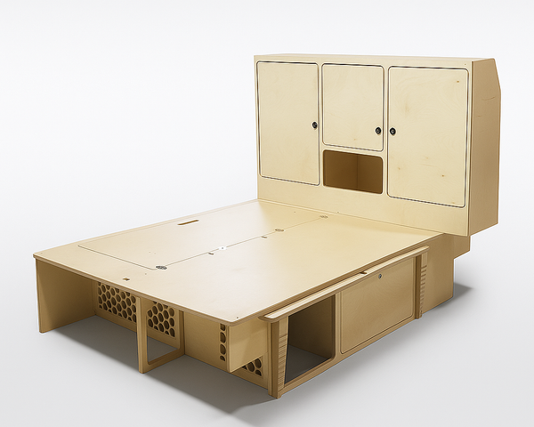 Overland Interiors Bed System with full-length sleeping platform for tall people and integrated overhead storage for low roof camper vans