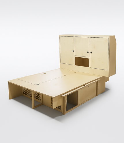 Overland Interiors Bed System with full-length sleeping platform for tall people and integrated overhead storage for low roof camper vans